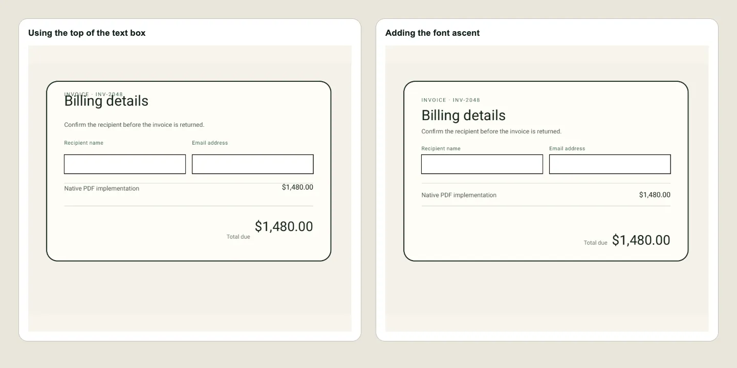 The invoice text placed from the top of its box beside the corrected text placement