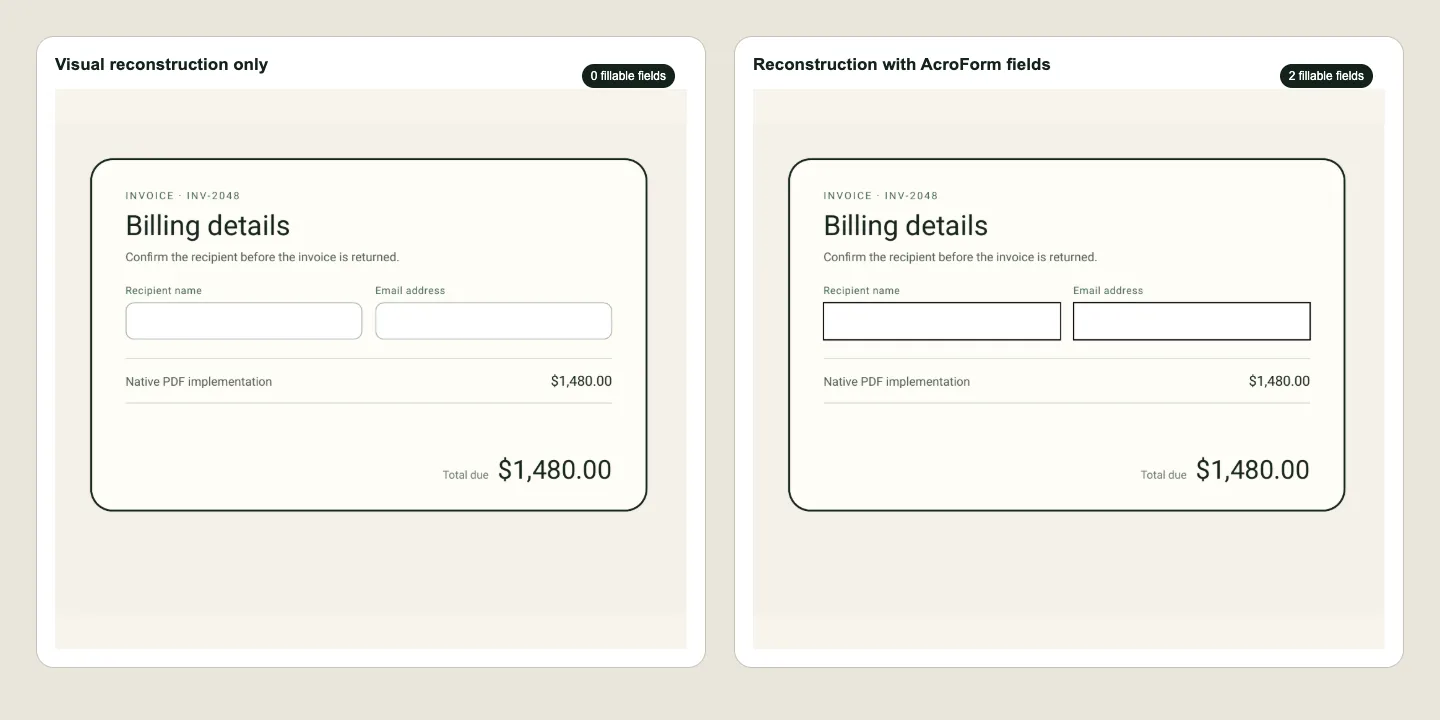 The invoice with drawn input boxes beside the invoice with two fillable PDF fields