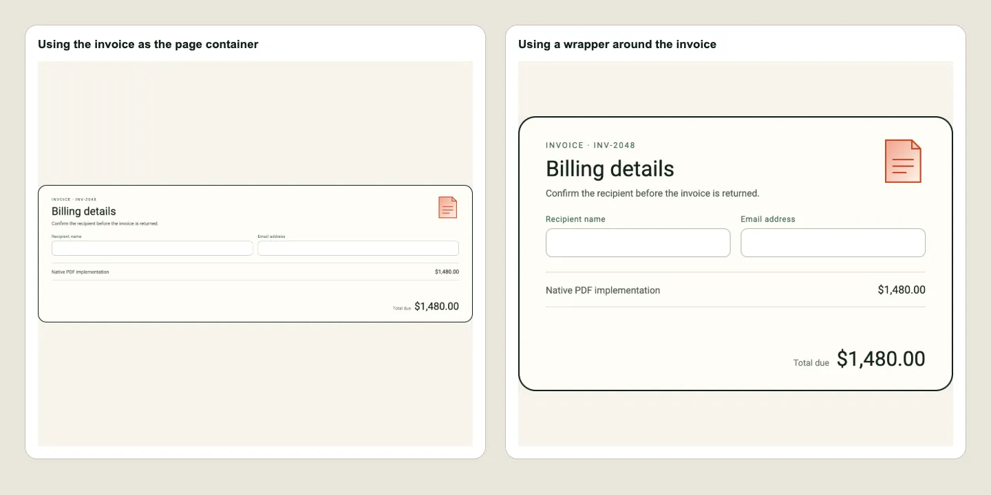 The widened invoice used as a page container beside the invoice kept inside a separate wrapper