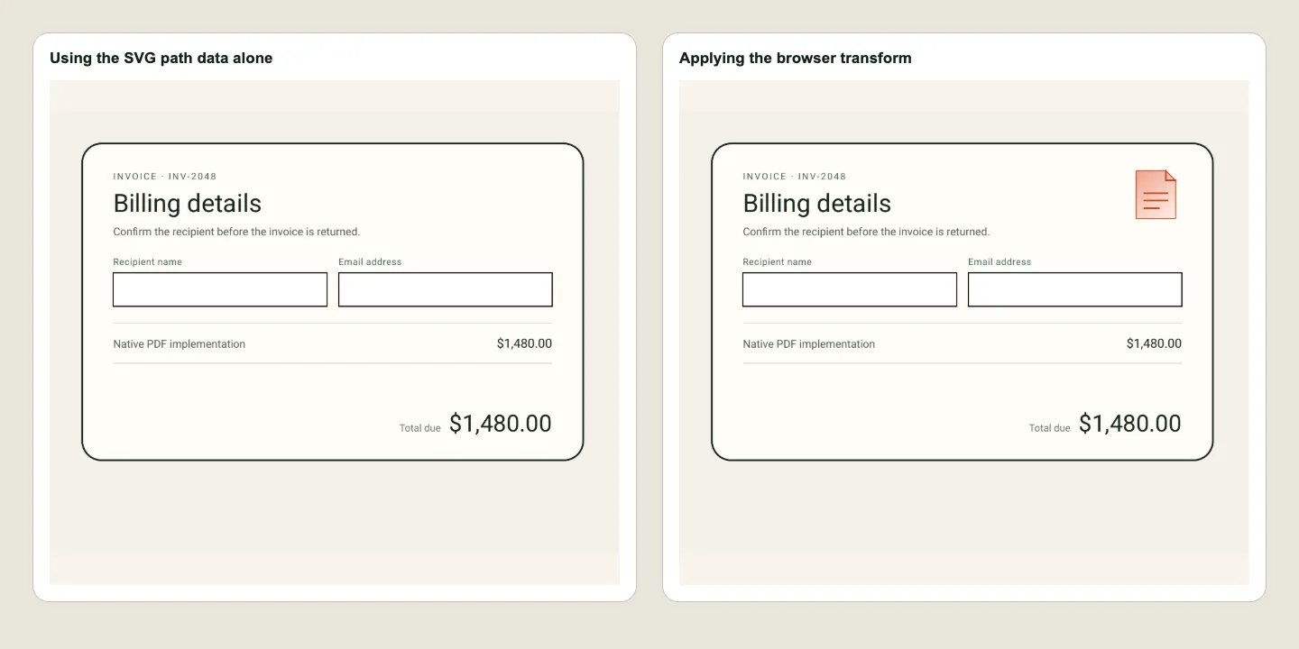 The invoice with SVG path data used by itself beside the invoice with the browser transform applied