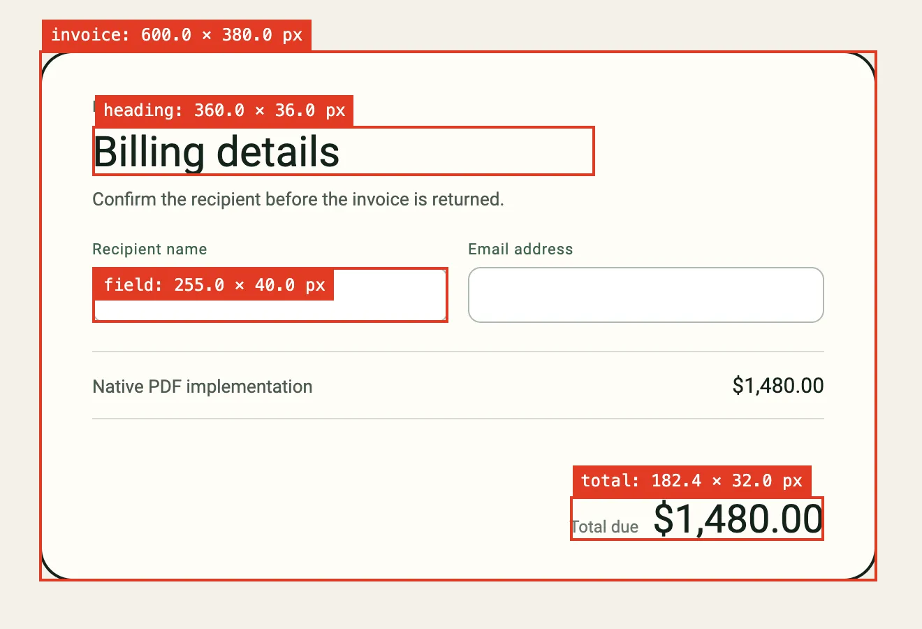 Boxes showing the invoice, heading, first form field and total measured by the browser